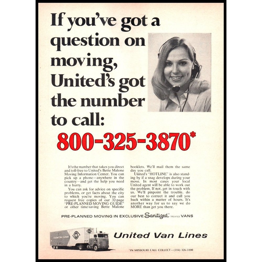 1974 United Van Lines Moving Company Vintage Print Ad Lady Headset Wall Art